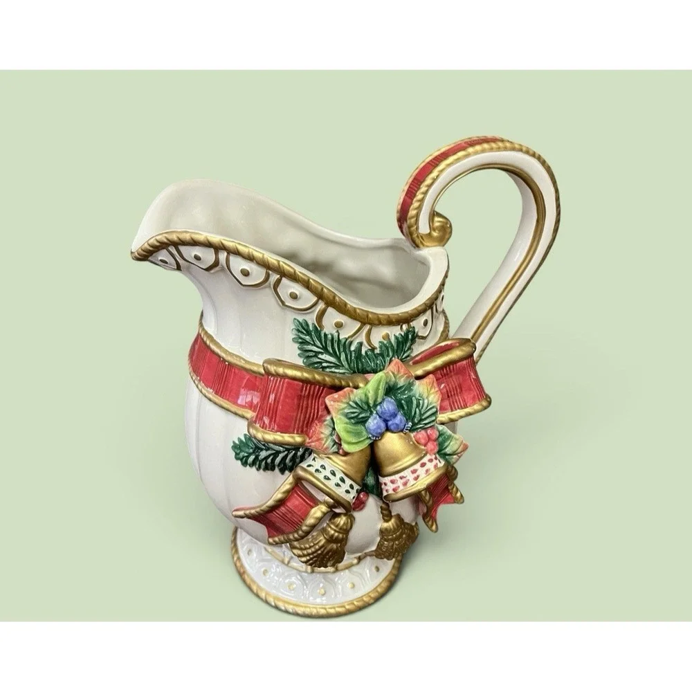 Fitz & Floyd Classics Christmas Deer Bow Bells Serving Pitcher Vase Bells Ribbon